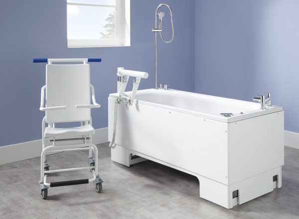 Excel 600 Height-adjustable bath with Detachable Powered swing seat and Transporter