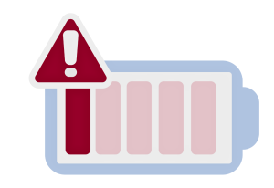 Icon of a battery with a hazard warning indicating the need to charge the battery.