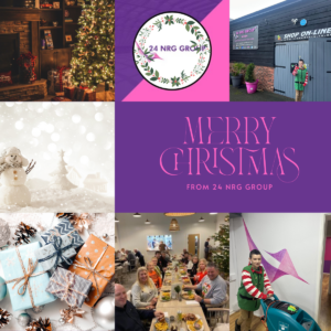 Collection of Christmas themed photos with the message 'Merry Christmas from 24 NRG Group'