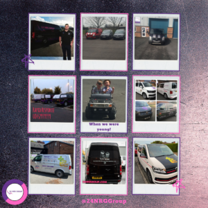 A collage of nine images featuring various vehicles from the 24NRG Group, including vans marked with company branding and a photo labeled "When we were young!" showing two people in a classic convertible car. Other images show parked cars and vans in different settings. For #ThrowbackThursday.