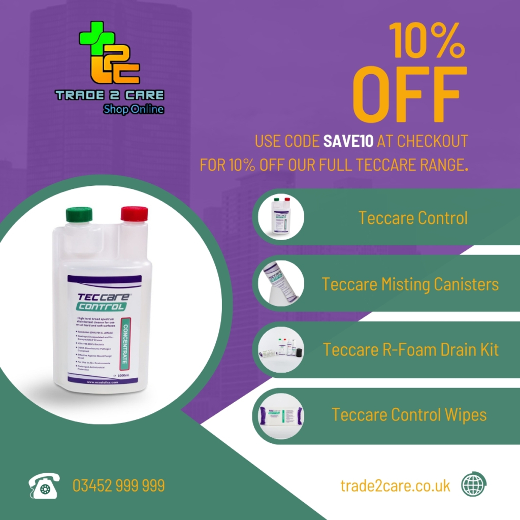 TecCare infection control products. Available at trade2care.co.uk with a 10% discount using code SAVE10 at checkout.