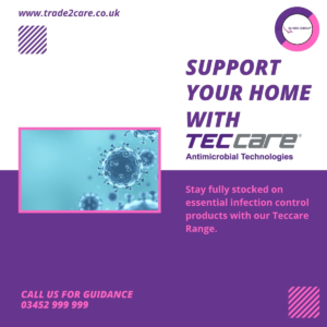 Advertisement for Teccare antimicrobial technologies with a virus illustration on a purple background.